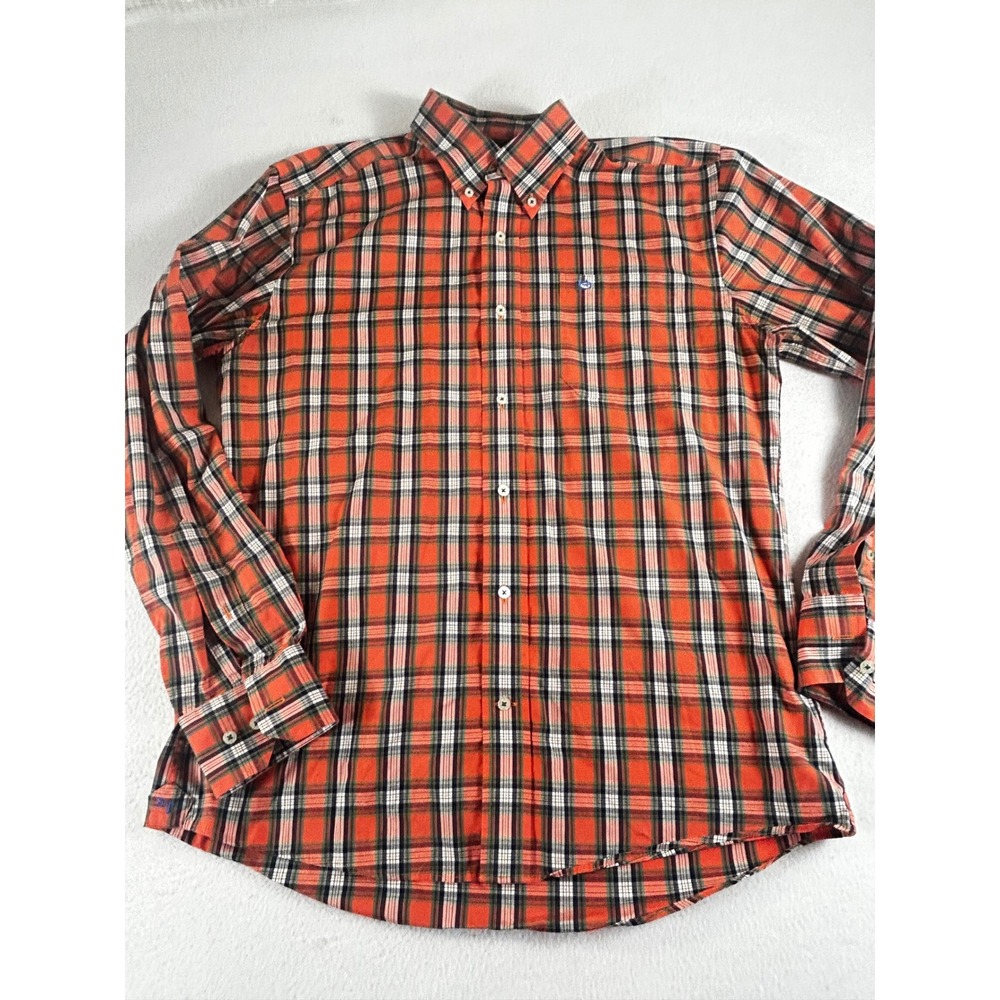 Southern Tide Mens Tailored Fit‎ Plaid Button Down Shirt Orange Black White Sz M